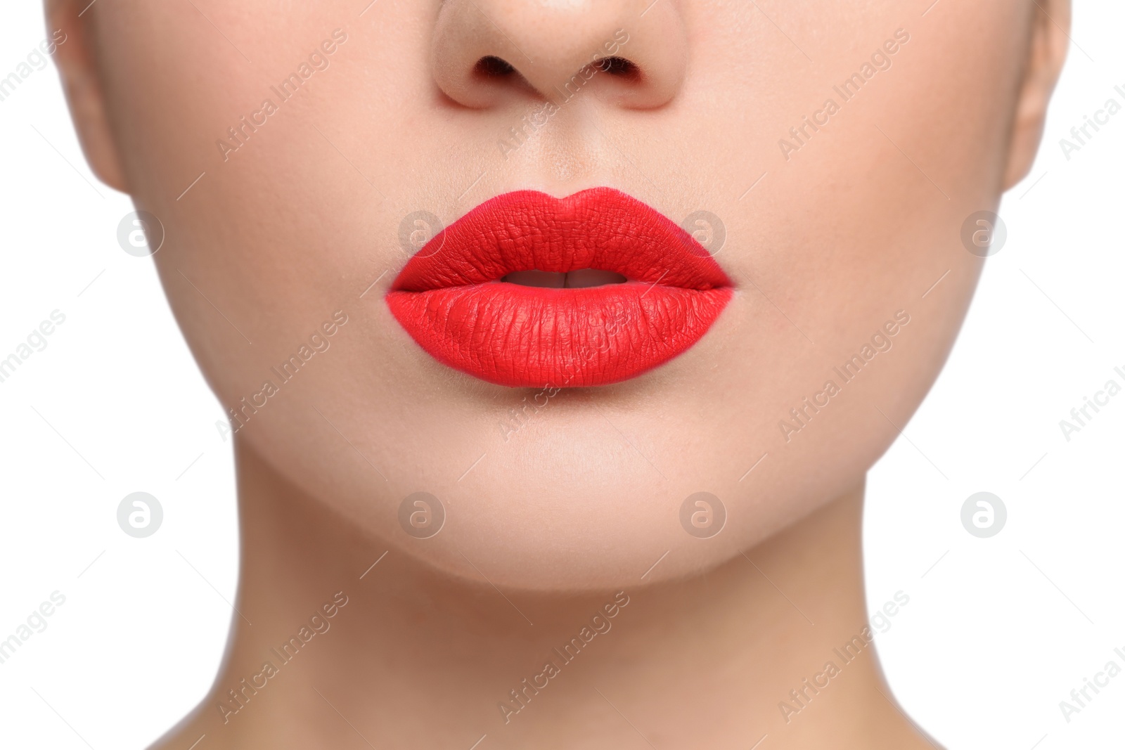 Photo of Closeup view of woman with beautiful full lips on white background