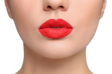 Photo of Closeup view of woman with beautiful full lips on white background