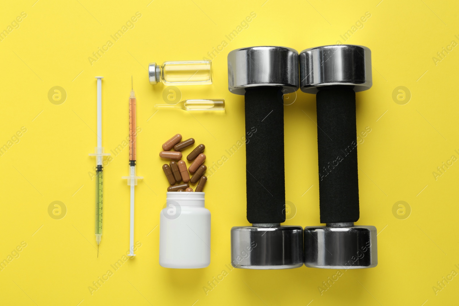 Photo of Different drugs and sports equipment on yellow background, flat lay. Doping control