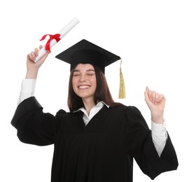 Photo of Happy student in academic dress with diploma on white background