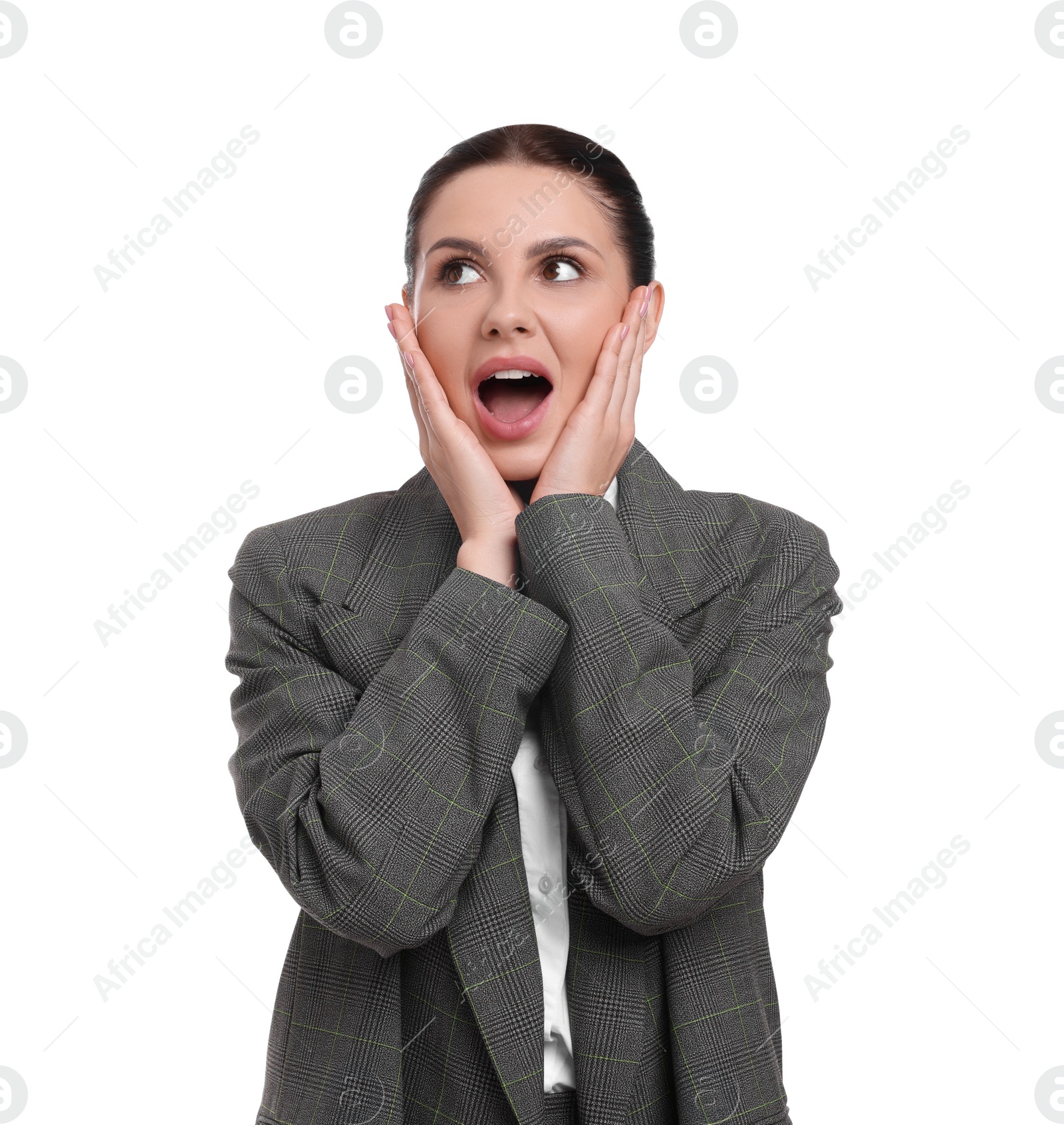 Photo of Beautiful emotional businesswoman in suit on white background