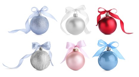 Image of Different festive baubles with bows isolated on white, collection