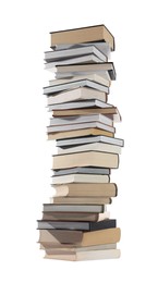 Photo of High stack of many different books isolated on white