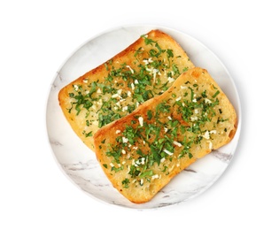 Photo of Plate with tasty homemade garlic bread isolated on white