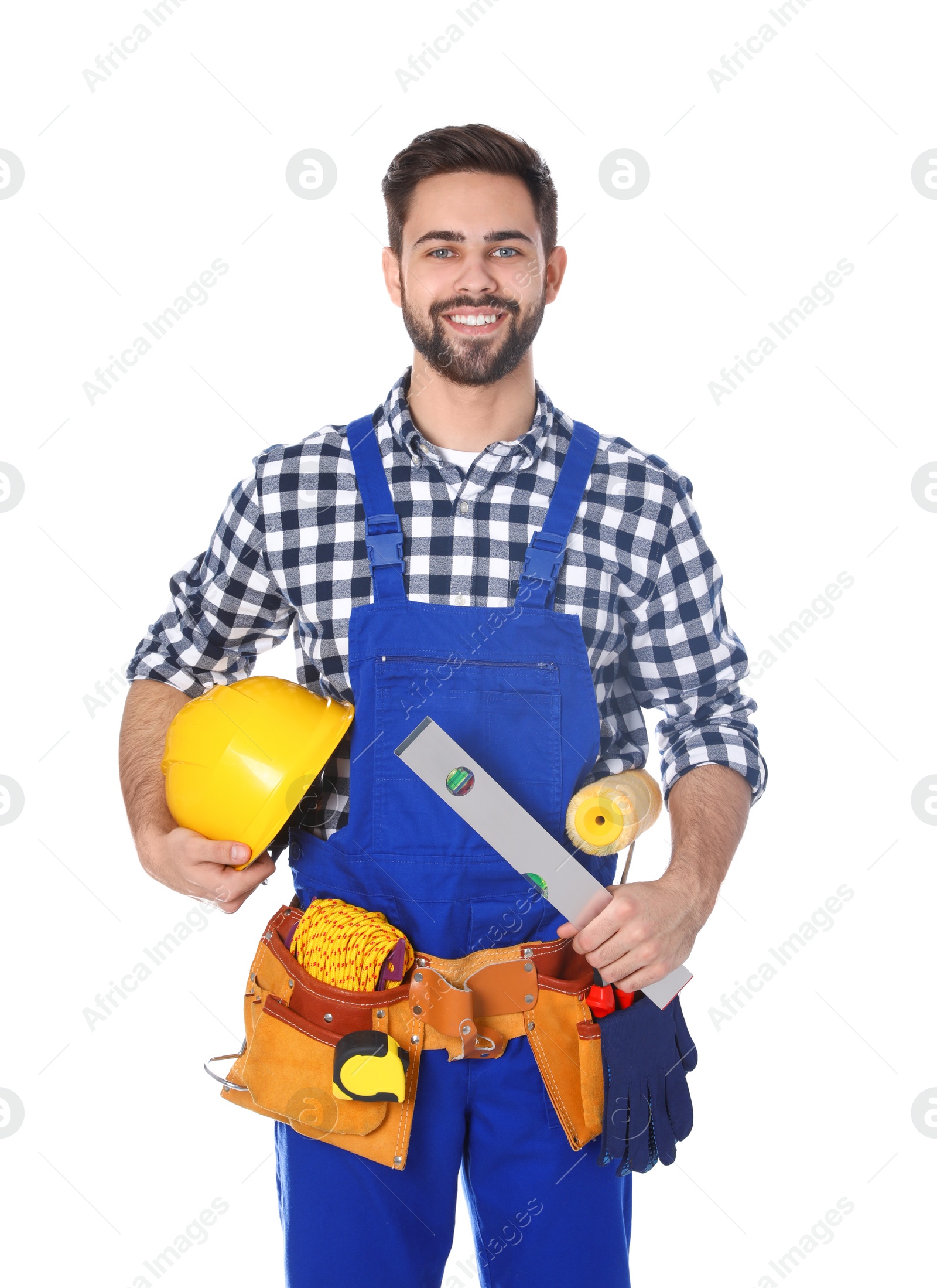 Photo of Portrait of construction worker with tool belt on white background