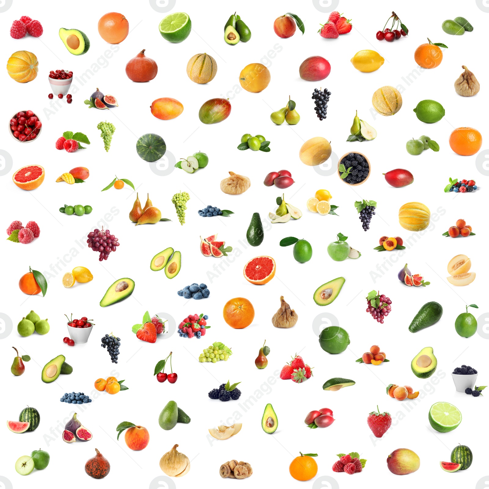 Image of Set of fresh ripe fruits and berries on white background