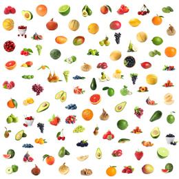 Image of Set of fresh ripe fruits and berries on white background