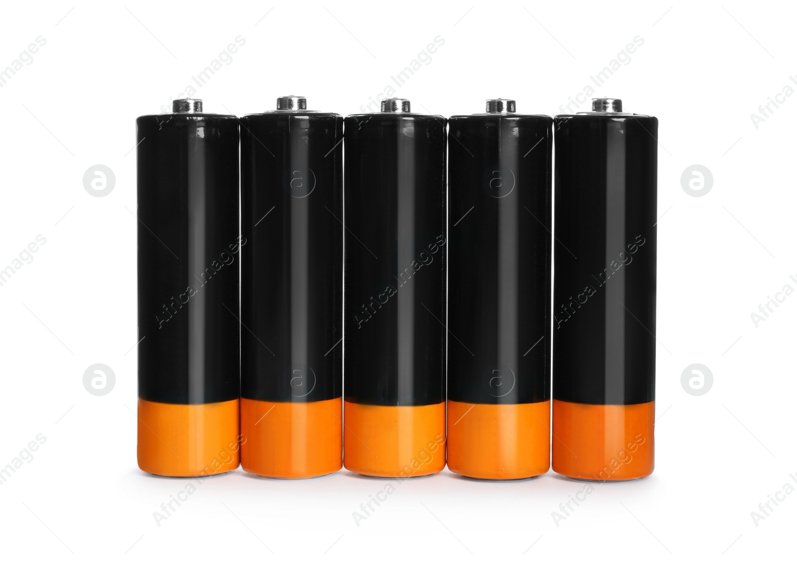 Image of Many new AA batteries on white background