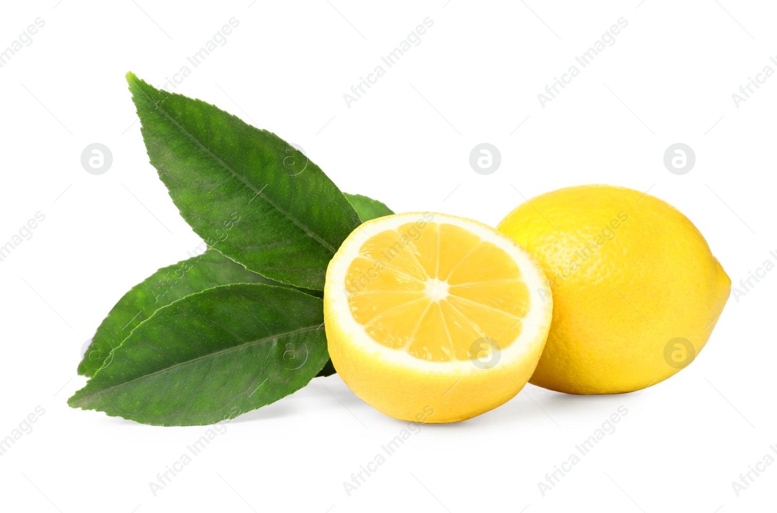 Photo of Fresh ripe juicy lemons with leaves on white background