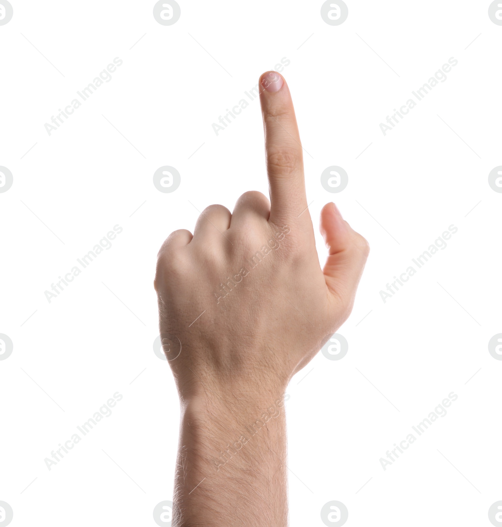 Photo of Man pointing at something on white background, closeup of hand