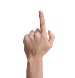 Man pointing at something on white background, closeup of hand