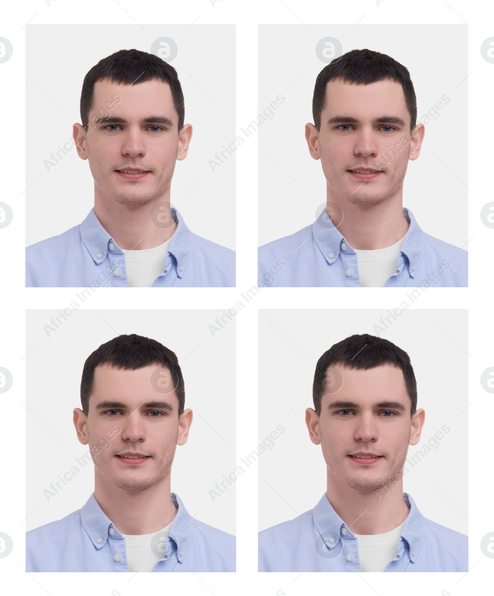 Image of Passport photo, collage. Man on white background, set of photos