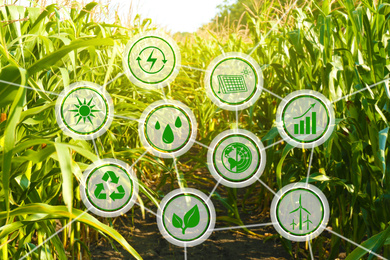 Image of Modern agriculture concept. Icons and field on background