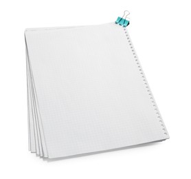 Photo of Stack of checkered paper sheets with binder clip on white background