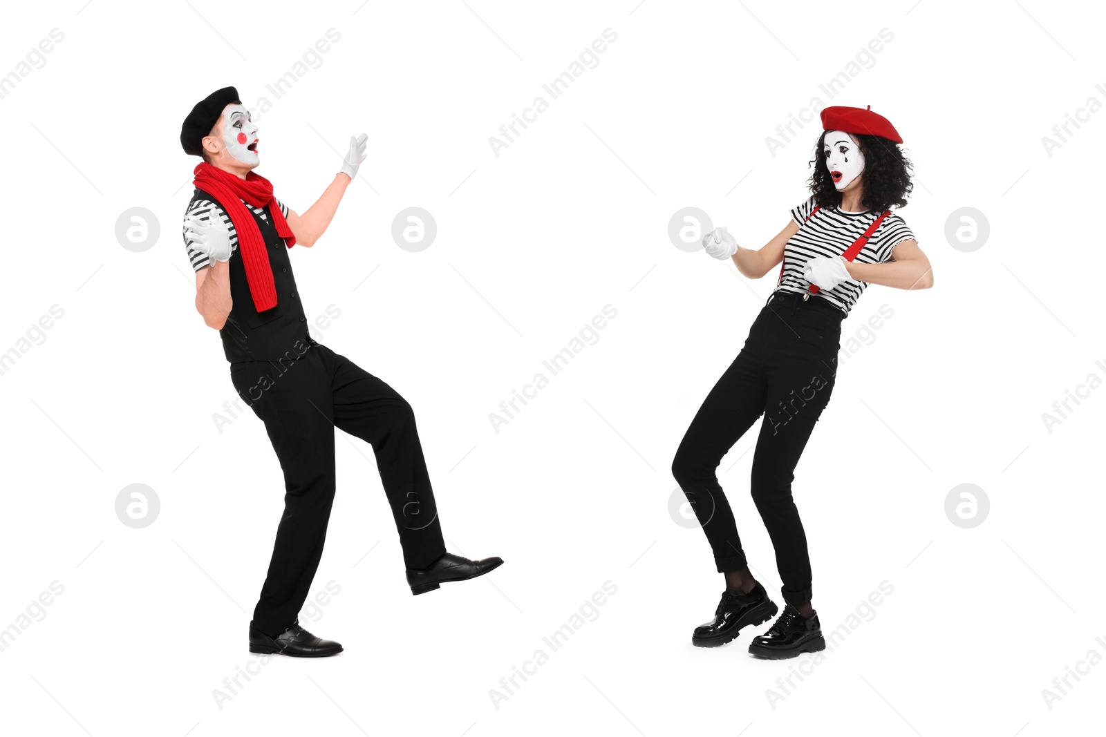 Image of Two funny mimes performing on white background