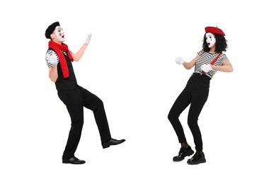 Image of Two funny mimes performing on white background