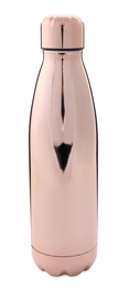 Photo of Stylish shiny thermo bottle isolated on white