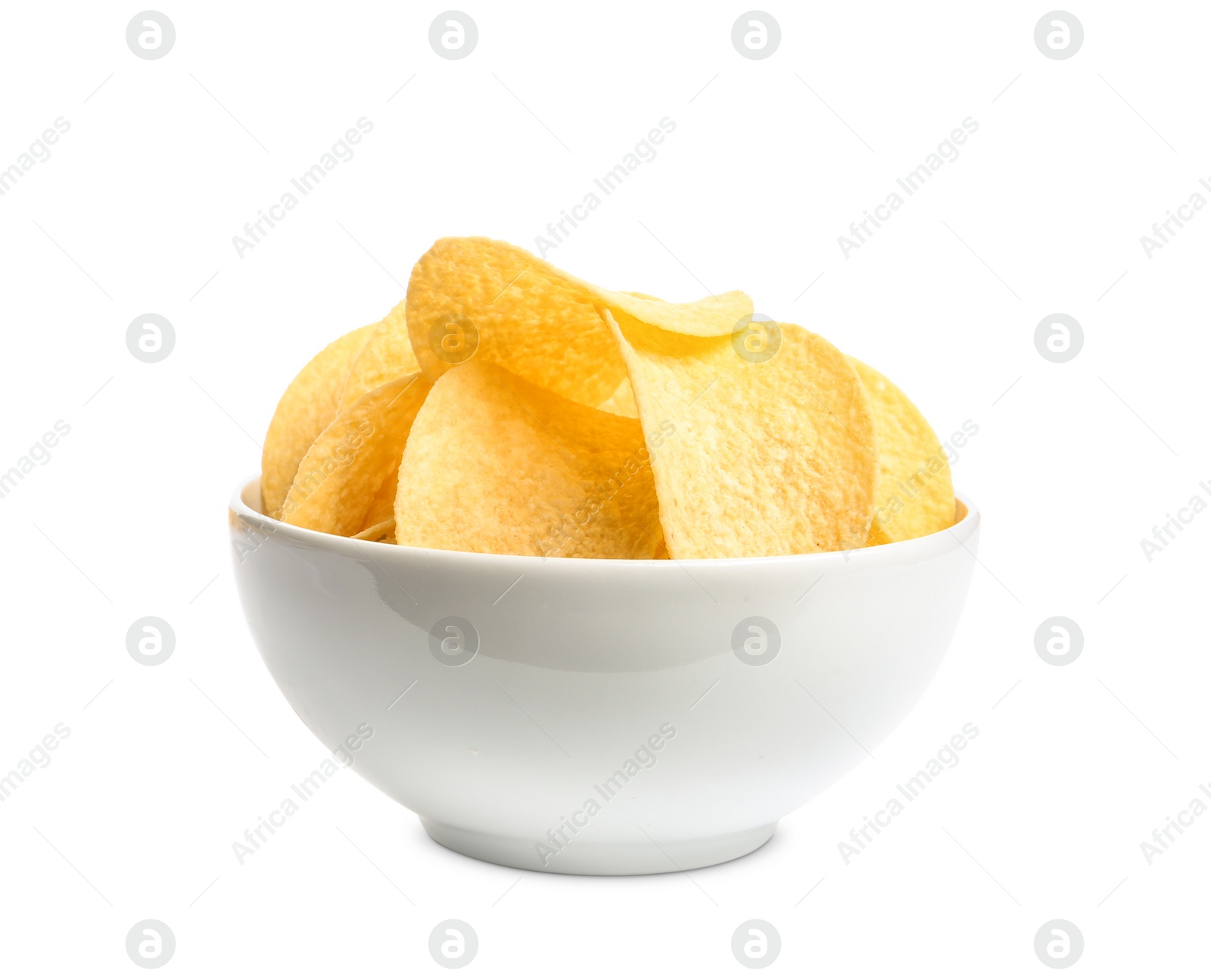 Photo of Bowl of tasty crispy potato chips on white background