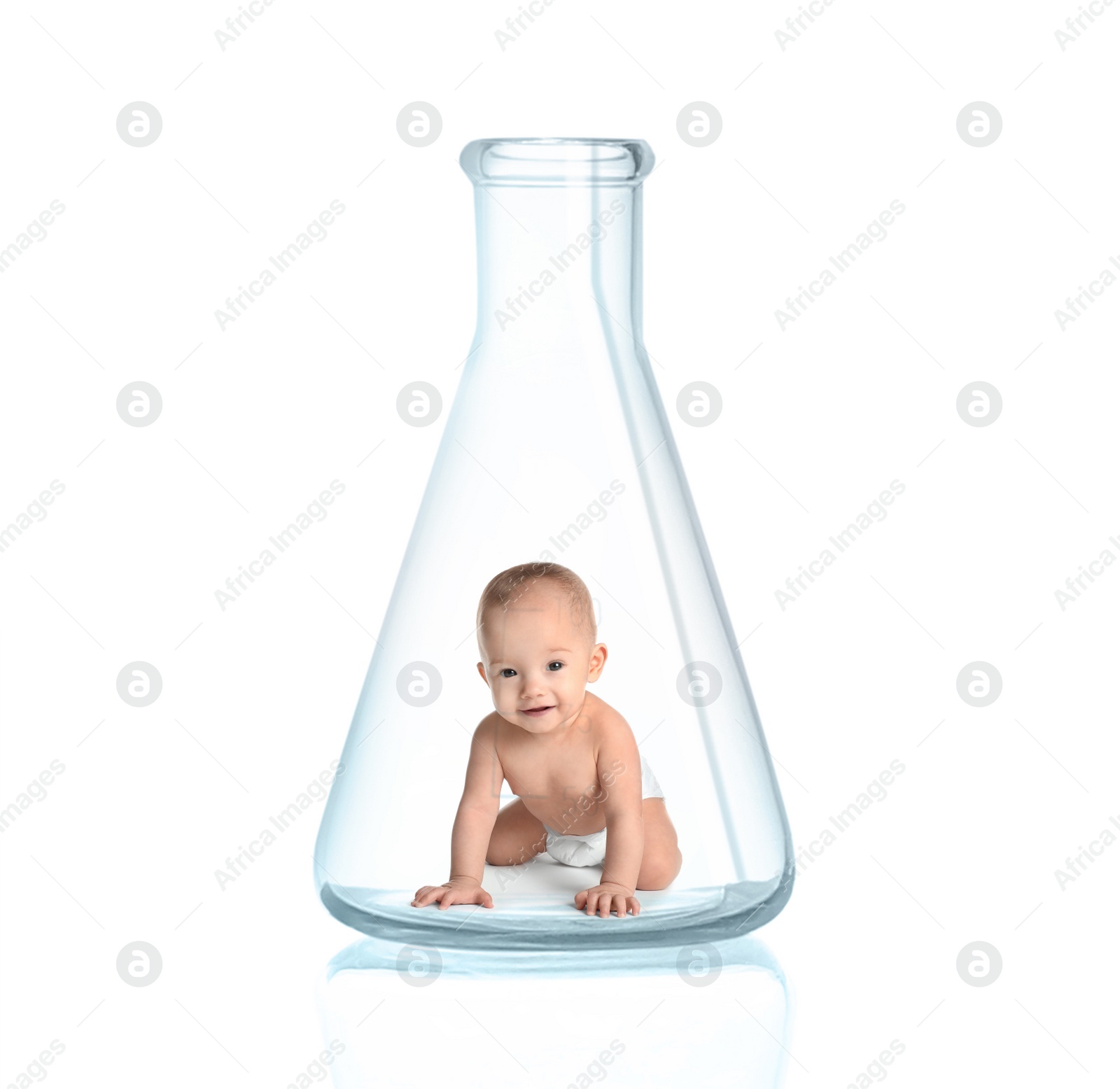 Image of Little baby in conical flask on white background