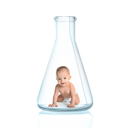 Little baby in conical flask on white background