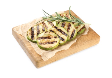 Photo of Delicious grilled zucchini slices with rosemary on white background