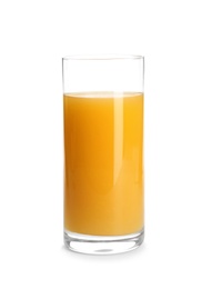 Photo of Glass of orange juice on white background