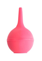 Photo of Pink enema on white background, top view. Medical treatment