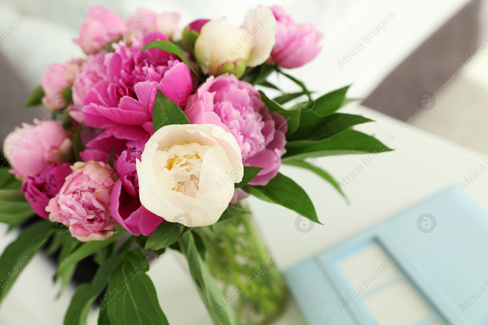 Photo of Vase with bouquet of beautiful peonies on table in room, closeup