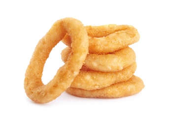 Photo of Delicious golden onion rings isolated on white