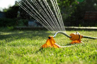 Automatic sprinkler watering green grass on lawn in garden. Irrigation system