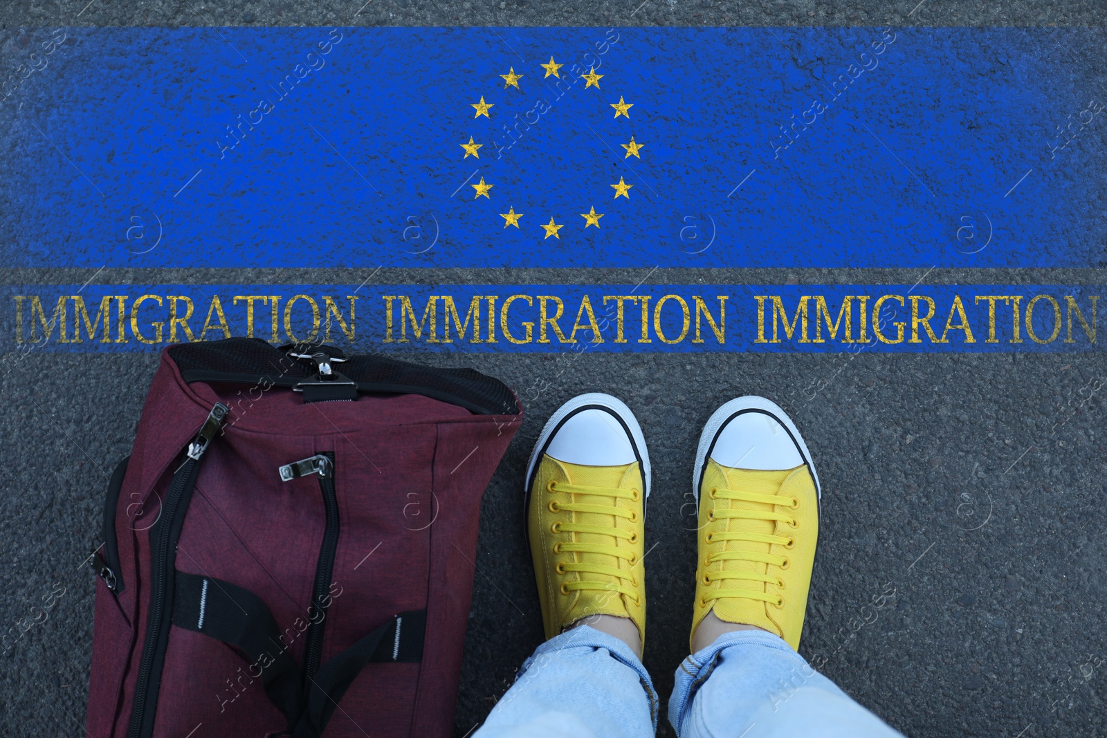 Image of Immigration. Woman with bag standing on asphalt near flag of European Union, top view