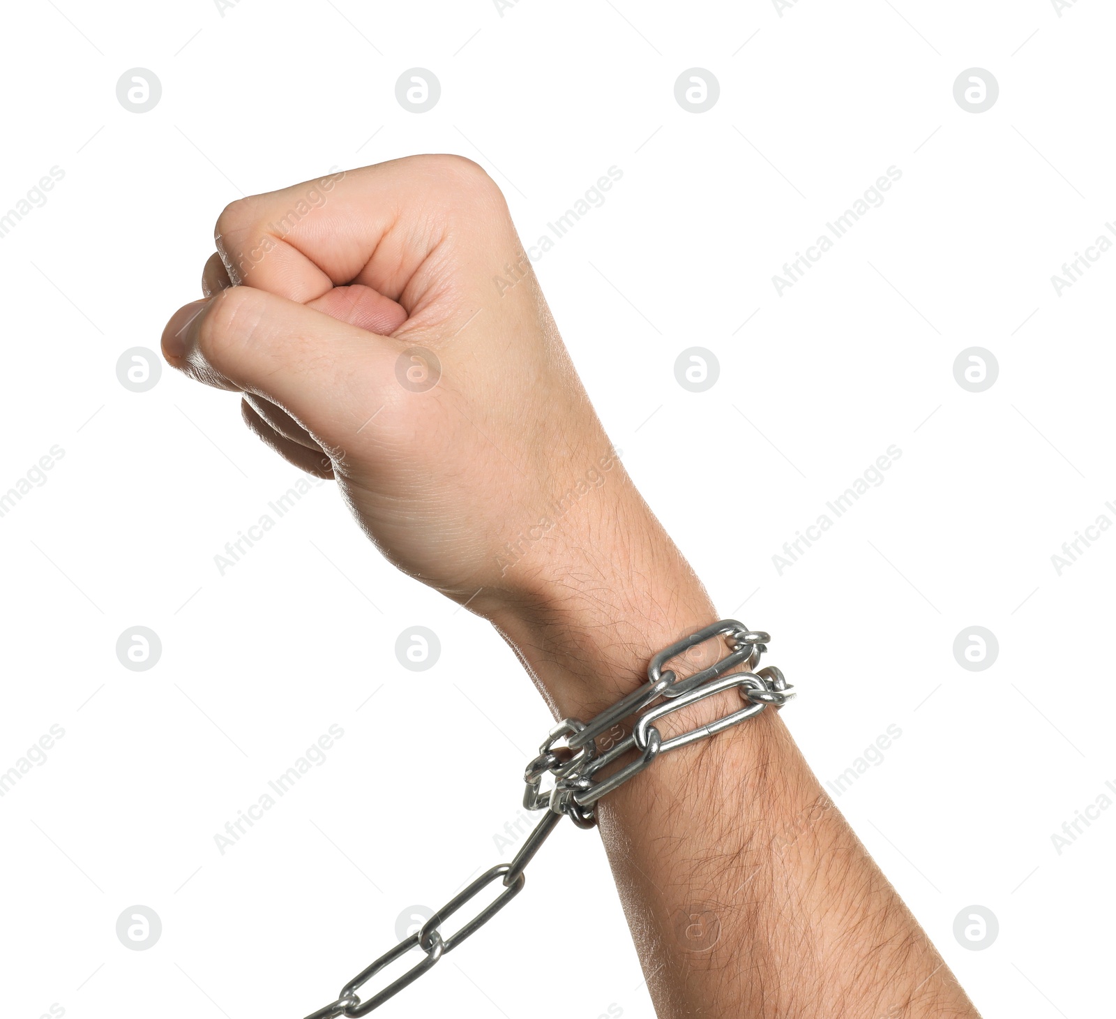 Photo of Freedom concept. Man with tied chains on his hand against white background, closeup