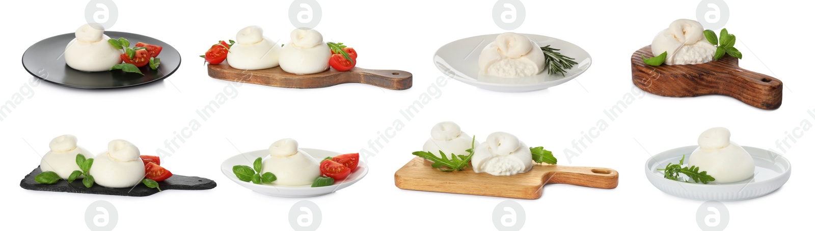 Image of Set with fresh delicious burrata cheese on white background. Banner design