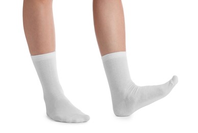 Photo of Woman in stylish socks on white background, closeup