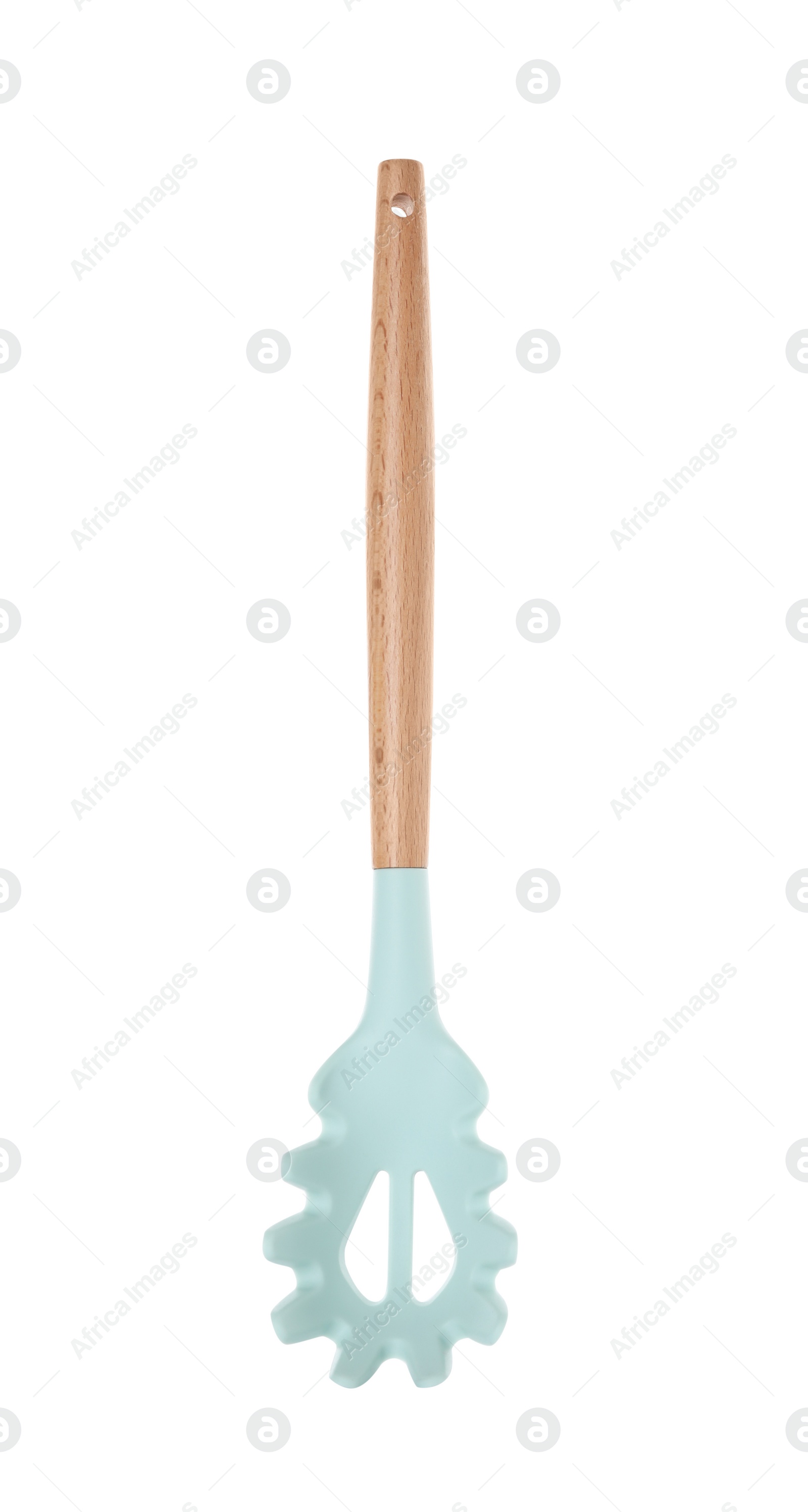 Photo of Pasta server with wooden handle isolated on white. Kitchen utensil
