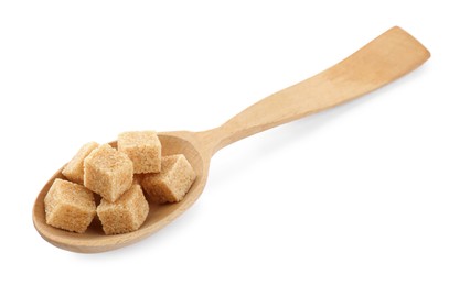 Photo of Brown sugar cubes in wooden spoon isolated on white
