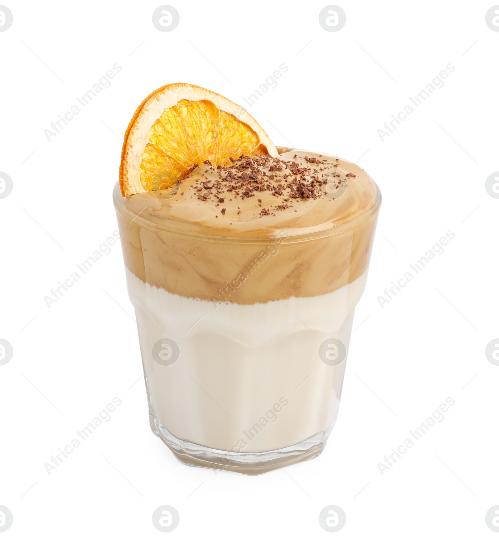 Photo of Glass of delicious dalgona coffee with dry orange and chocolate isolated on white