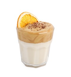 Photo of Glass of delicious dalgona coffee with dry orange and chocolate isolated on white