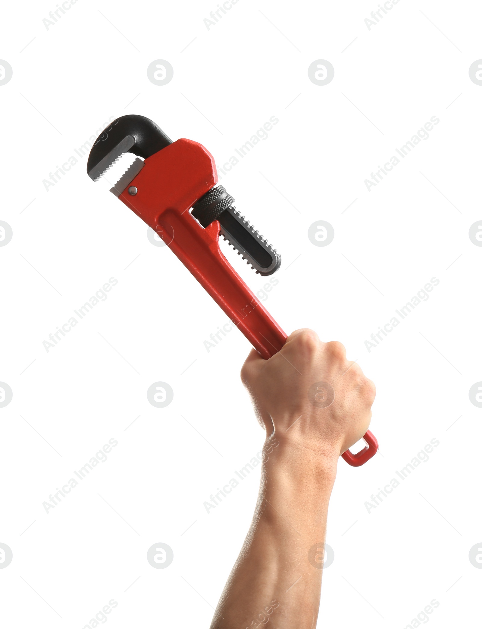 Photo of Man holding pipe wrench on white background. Construction tools