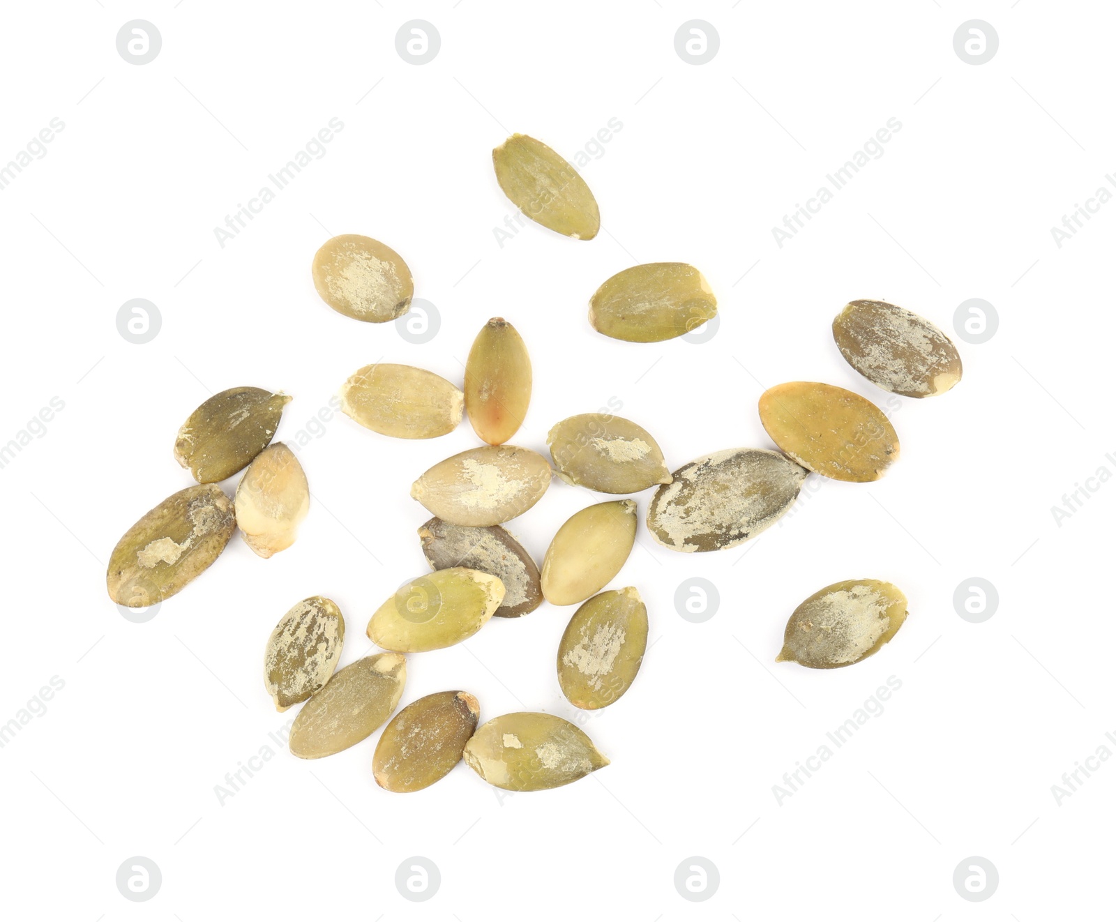 Photo of Raw peeled pumpkin seeds on white background, top view