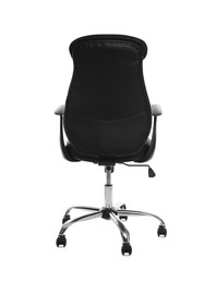 Photo of Comfortable leather office chair isolated on white, back view