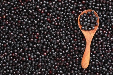 Photo of Spoon and many elderberries (Sambucus) as background, top view