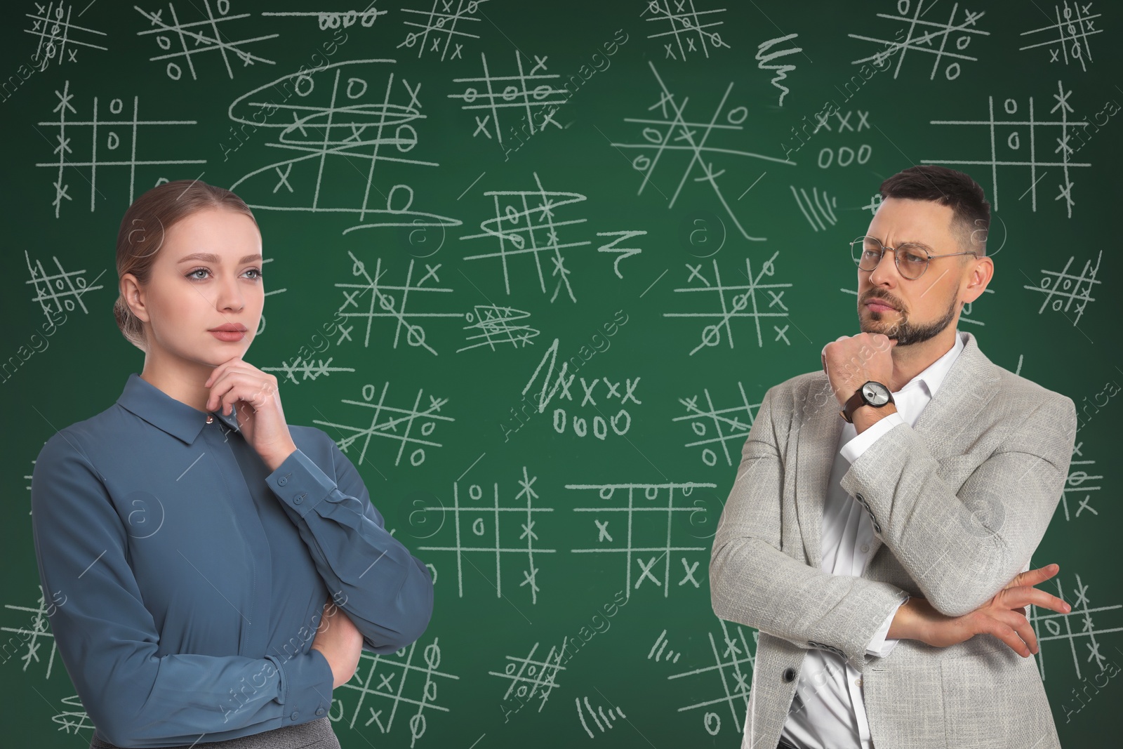 Image of Businesspeople near green chalkboard with drawn tic tac toe game 