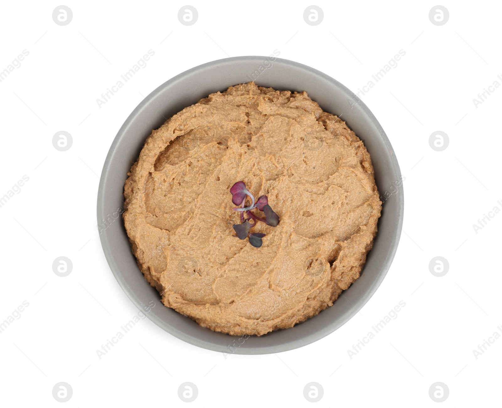 Photo of Bowl with delicious liver pate on white background, top view