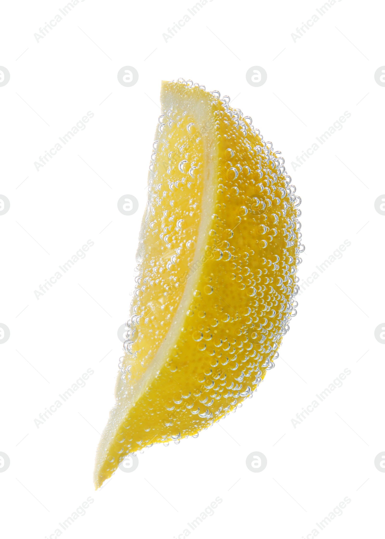 Photo of Slice of lemon in sparkling water on white background. Citrus soda