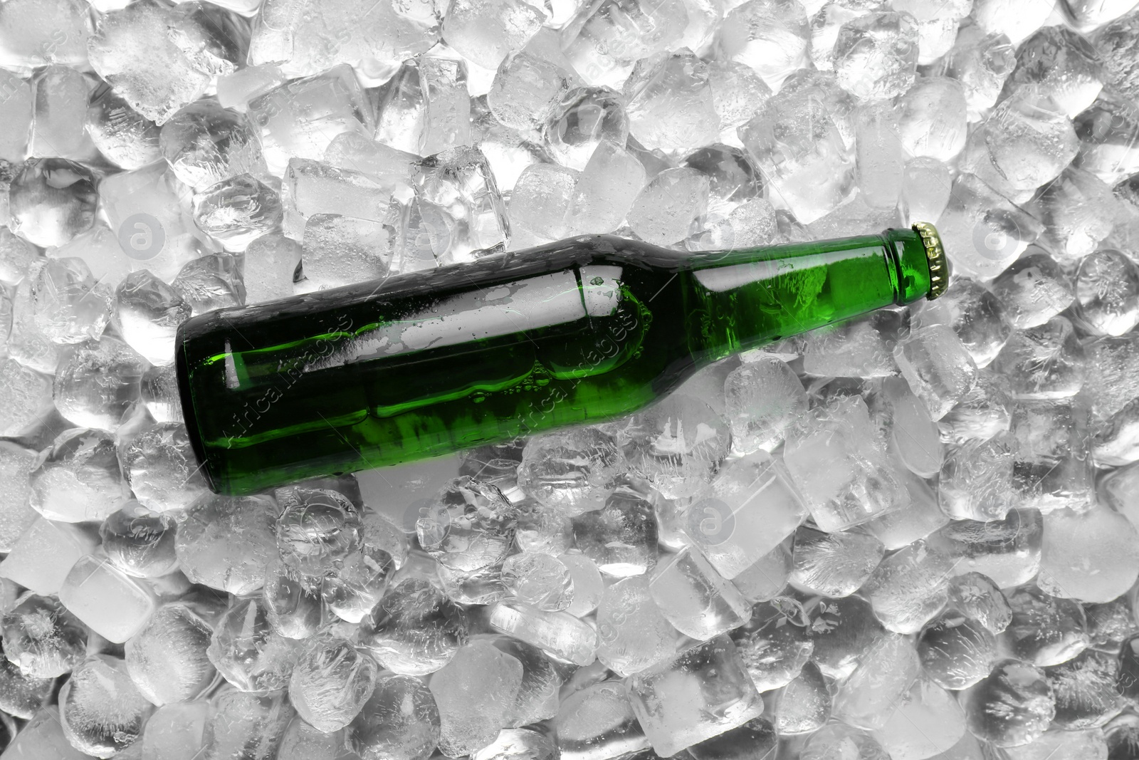 Photo of Bottle of beer on ice cubes, top view