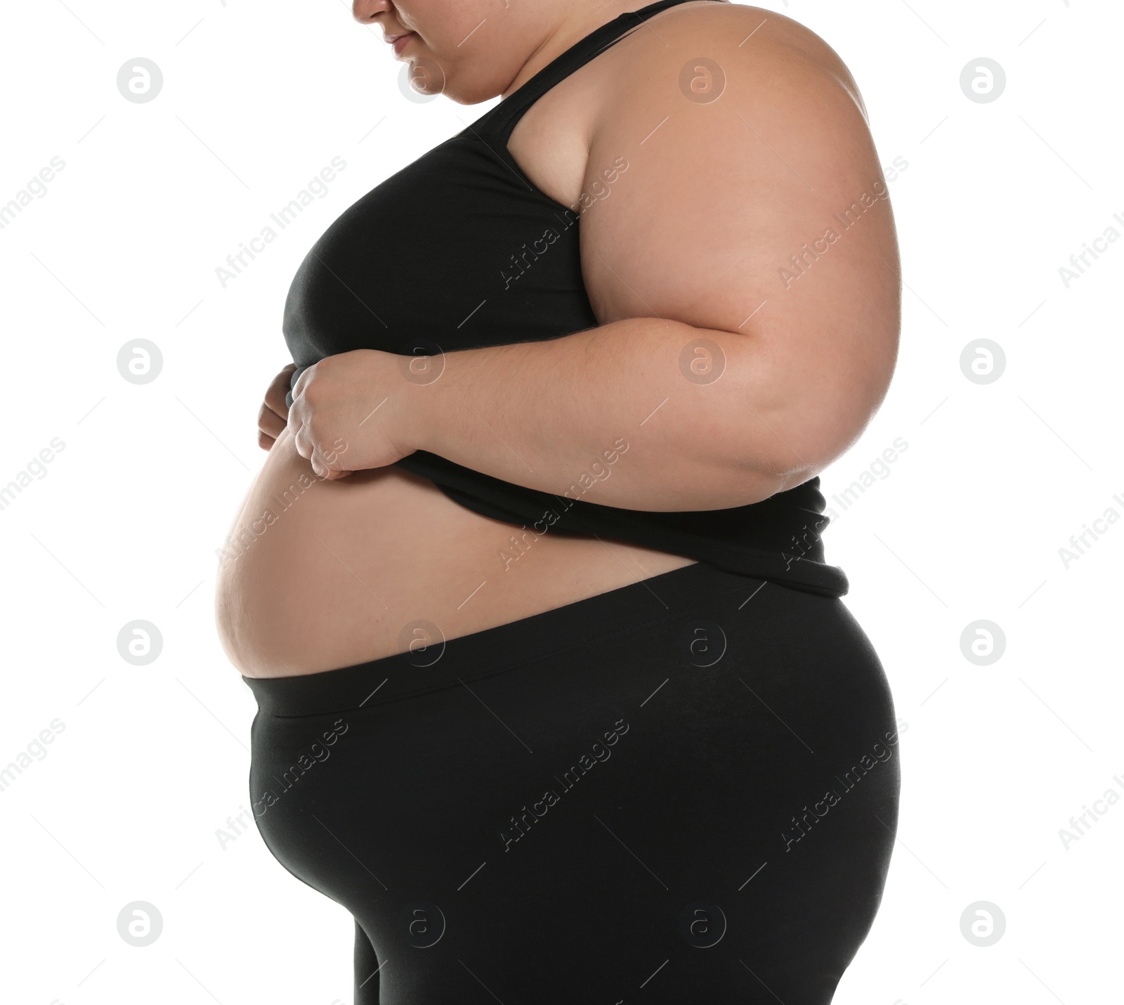 Photo of Overweight woman posing on white background, closeup