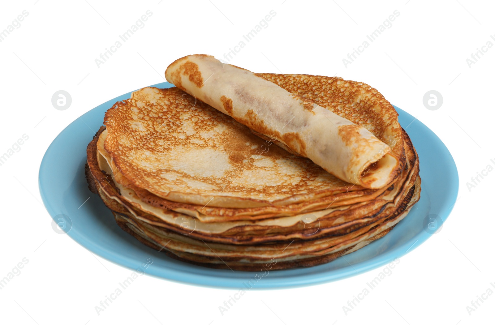 Photo of Stack of delicious crepes on plate against white background