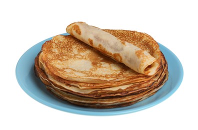 Photo of Stack of delicious crepes on plate against white background