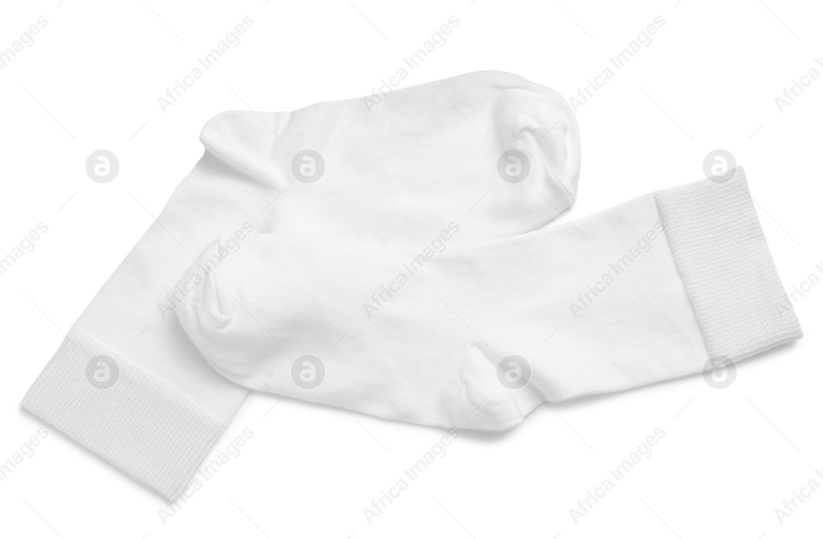 Photo of Pair of new socks on white background, top view